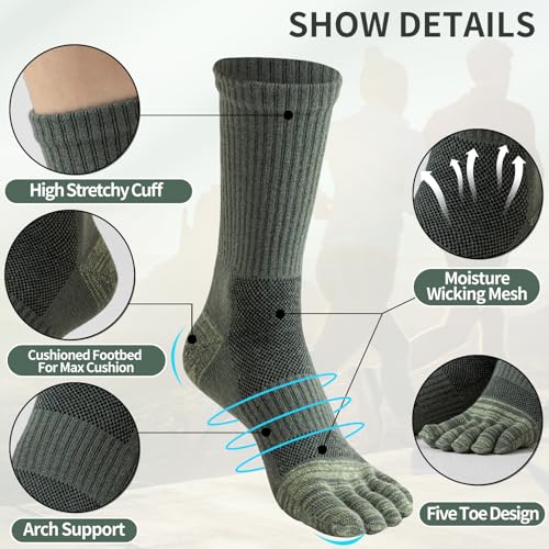 Merino Wool Toe Socks For Hiking Men&Women Thermal Winter Warm Boot Work Cushion Five Finger Socks 3 Pairs,Size10-133