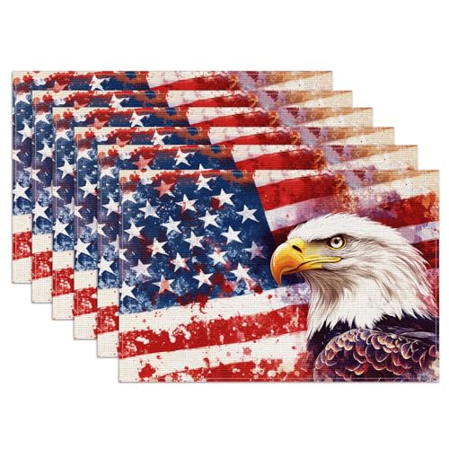 Eagle Flag Placemats Set of 6, Linen Place Mat Washable Stain Resistant Table Mats for Farmhouse Kitchen Dining Holiday Party Wedding Decor 12x18 Inch