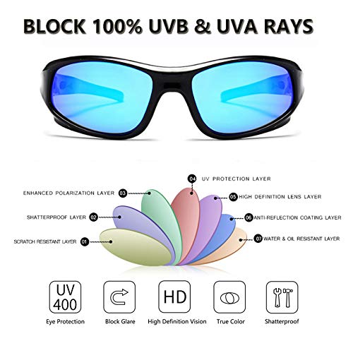Aoduoke Sports Polarized Kids Sunglasses For Boys Girls Children Youth Sunglasses With Strap (Black | Ice-Blue Lens) #TOP2