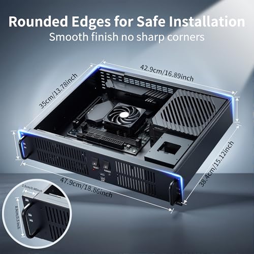 Gabinete para servidor rackmount de 2U, compatible con Micro-ATX y Mini-ITX, 4 ranuras PCIe y refrigeración por aire, soporta 2 discos duros de 3.5" y 1 SSD de 2.5", fuente ATX, puertos USB y flujo de aire eficiente, ideal para racks de servidores y centr miniatura 3