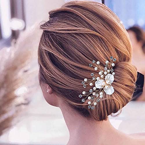 Wendalern Wedding Flower Hair Pin Crystal Pearl Flower Bridal Hair Pieces Gold Pearl Rhinestone Floral Petal Hair Barrette Headwear Hair Accessories for Women Girls Styling - Image 2