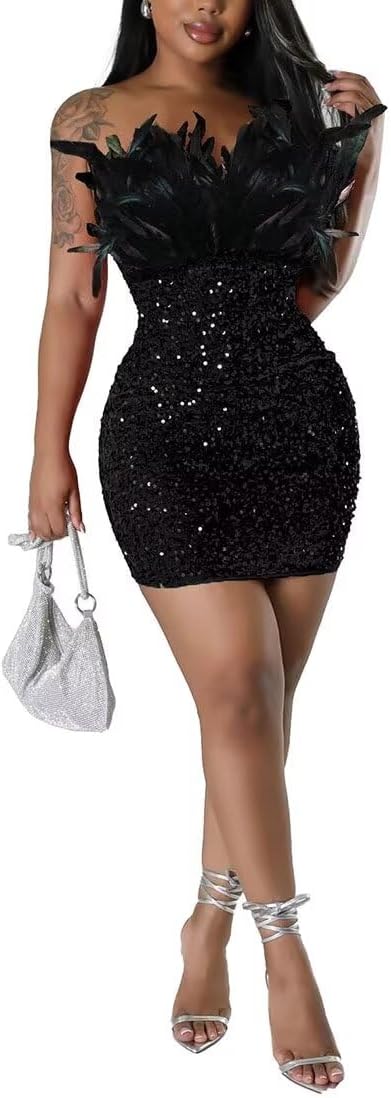 Women's Sexy Off Shoulder Feather Sequin Mini Dress Evening Club Party Dresses