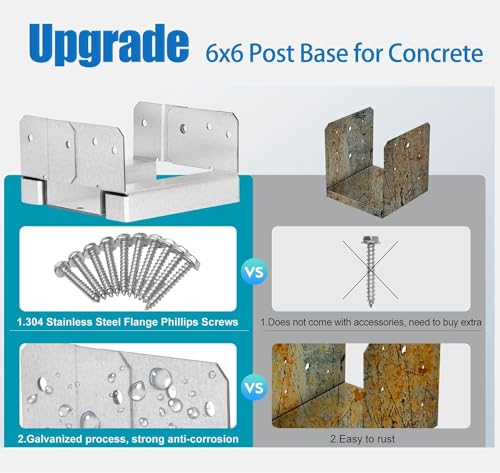 1 PCS 6x6 Post Base for Concrete, Adjustable Aluminum-zinc Plated Steel Deck Post Anchor Base for 5.5x5.5\" Wood, Post Base Holder with 1\" Standoff for Deck Gazebo Pergola Porch（Includes Screws) - Thumbnail 2