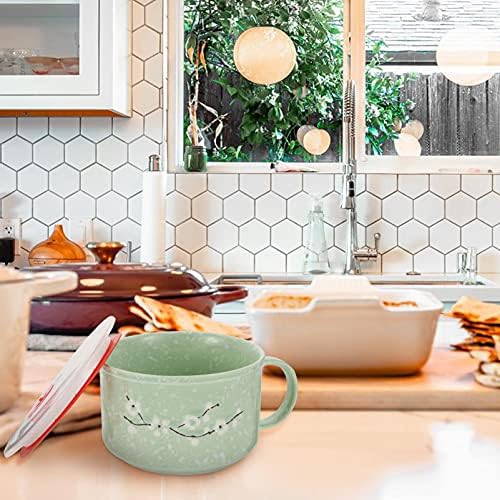 HEMOTON Microwavable Ceramic Noodle Bowl with Handle Porcelain Soup Bowl Ramen Cereal Bowl Cup for Home Kitchen Salas Fruit Vegetable Decor Green