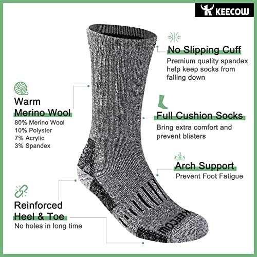 Keecow Merino Wool Crew Socks For Men & Women, Thermal Warm Cozy Winter Cushion Socks For Hiking Working Running, 3 Pairs (Large, Charcoal B) #TOP1