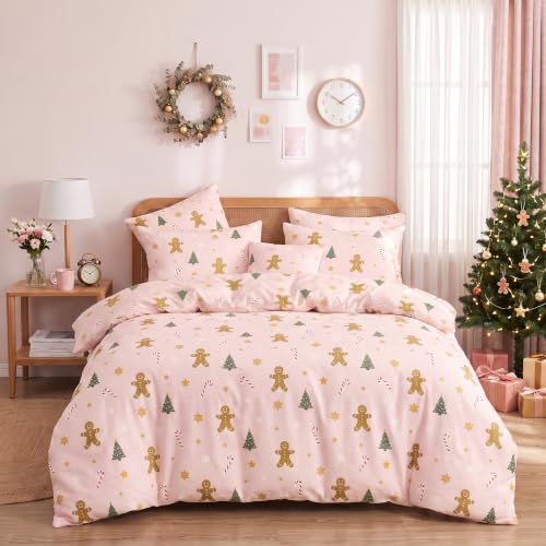 CCoutueChen Pink Gingerbread Duvet Cover Queen Cute Christmas Bedding Set