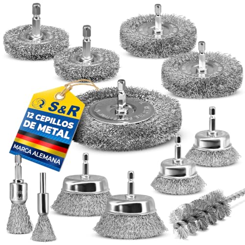 S&R Juego de 12 Cepillos Metálicos para Taladro. Cepillo para ljar limpiar