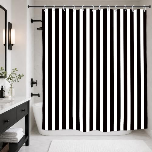 Black and White Striped Shower Curtain,Vertical Stripe Bathroom Decor Set