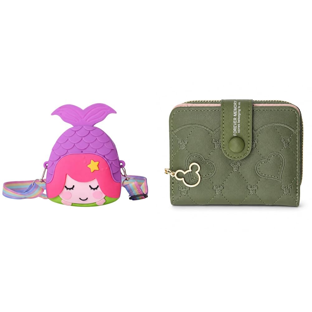 syga Children's Bag Minnie Mermaid Cartoon School Backpack Coin Purse Wallet Handbags for + Women's Short Zipper Buckle Heart Shaped Wallet with Key Chain, Cute for Girls Wallet Coin & Card-picture-52