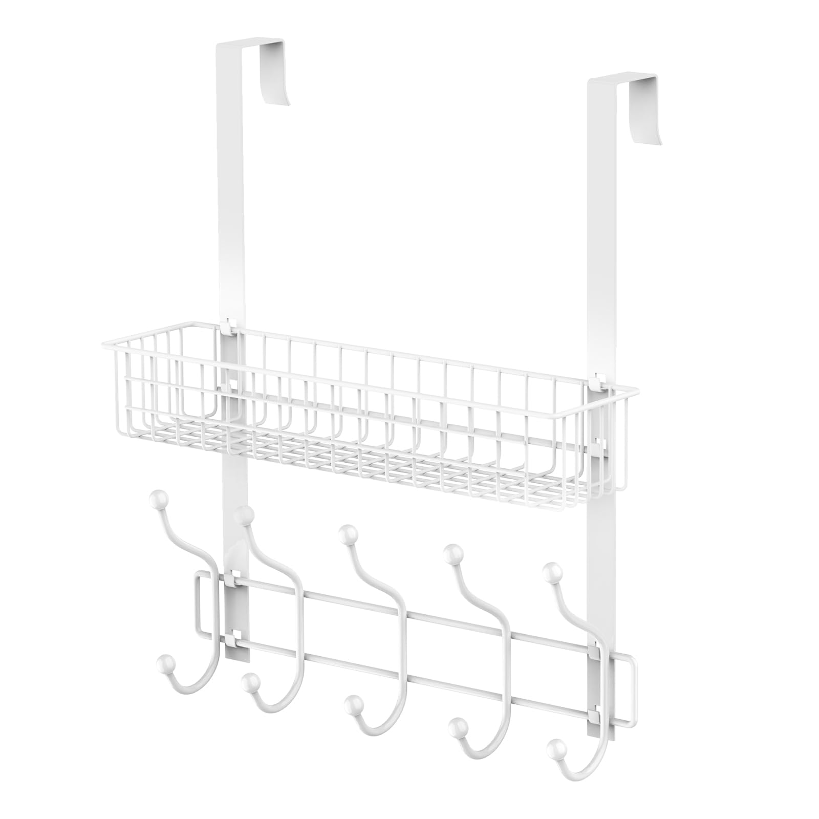 MILIJIA Over The Door Hooks with 5 Hooks & Mesh Baskets, Rustproof & Waterproof Coat Hanger, Detachable Storage Coat Rack for Towels, Hats, Handbags, Coats, Closet (White)