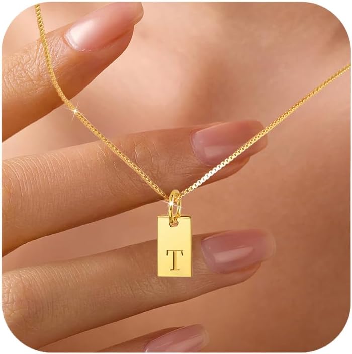 LOVECOM S925 Sterling Silver Initial Necklaces for Women Dainty 14k Gold Plated Letter Name Square Pendant Necklace A-Z Personalized Tag Charm Chain Jewelry Birthday Gifts for Mother Daughter