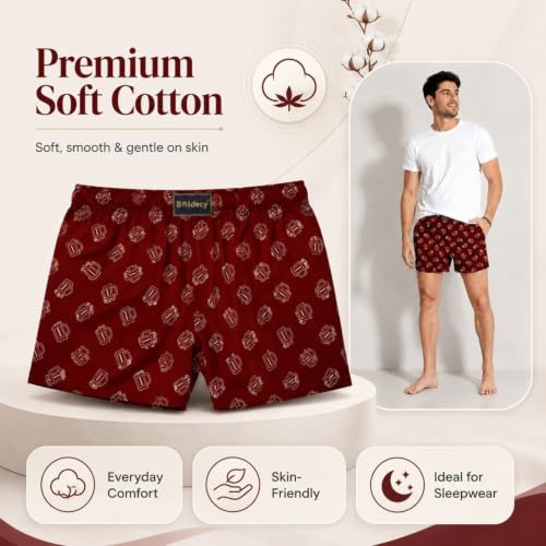 Image of Men's Ultralight Cotton Printed Boxer Shorts | Regular Fit | Soft Cotton Fabric with Microfibre Waistband for All-Day Comfort (Dark Blue-Green-Maroon-L)
