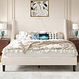 VECELO Queen Bed Frame with Upholstered Wingback Headboard, Heavy-Duty Platform Bedframe with Charging Station, Wooden Slats, No Box Spring Needed, Beige