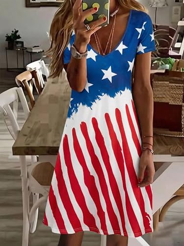 Image of LUKYCILD American Flag Dress Women 4th of July Patriotic Shirt USA Stars Stripes Dresses Sexy V- Neck Summer Sundress