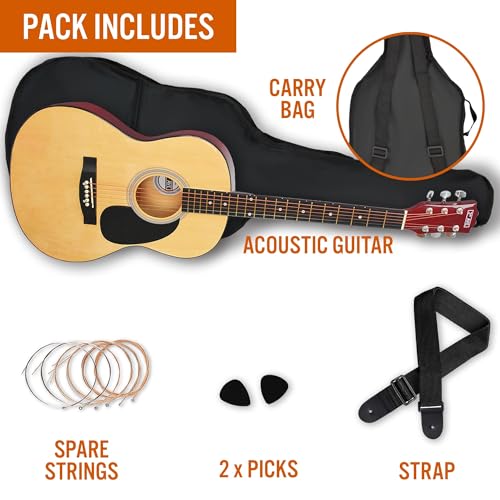 Image of 3rd Avenue Full Size 4 /4 Acoustic Guitar Steel String Pack Bundle for Beginners - Bag, Picks and Spare Strings - Natural