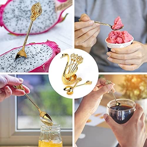 Bestcool Coffee Teaspoons, 6Pcs Metal Coffee Dessert Spoon Set Gold Latte Spoons Cake Coffee Spoon with Decorative Swan Base Holder for Coffee, Dessert, Stirring, Sugar, Ice Cream, Cake