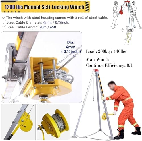 Confined Space Equipment Adjustable Commercial Firefighting Rescue Tripod with Self-Locking Device，Fall Arrest Kit & Confined Space Rescue Tripod - 1800 LBS Self-Locking Winch Adjustable Leg