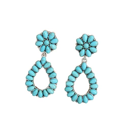 Bohemian Turquoise Geometric Oval Flower Drop Dangle Earrings Ethnic Teardrop For Women Girls Statement Cowgirl Boho Jewelry-E #TOP17