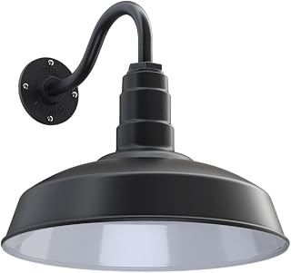 Steel Lighting Co. Gardena Barn Light | Outdoor Wall Mounted | 16" Dome | 11" Gooseneck | Farmhouse Light Made in America | Matte Black Exterior/White Interior