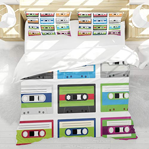 BEDNRY Bedding Set,90s Collection of Retro Plastic Audio Cassettes Tapes Old Technology Entertainment Theme,Decorative 3 Pieces,1 Duvet Cover with 2 Pillow Shams,Single(135 x 200cm) SIZE