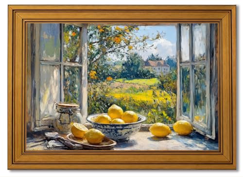 Vintage Gold Framed Lemon Still Canvas Wall Art, Sunlit Window
