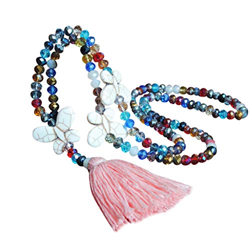 FBGood - Collar con pompón para mujer, estilo bohemio con colgante de madera anudado a mano, collar largo con colgante de cadena de chupito bohemio