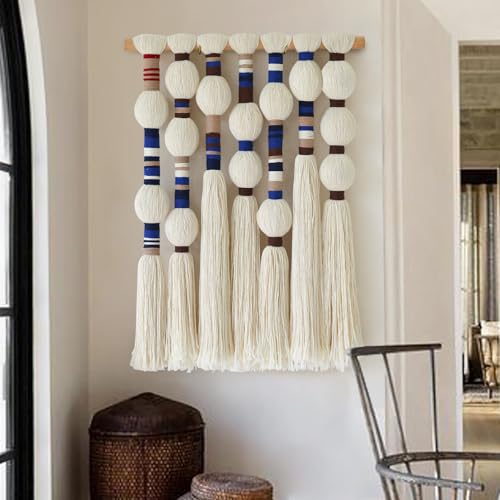 Flber Macrame Wall Hanging Blue Handmade Yarn with Ball Tassels 15.7" Wx 21.6" L by Flber - Used condition - Image 2