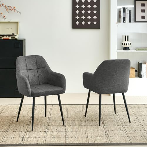 Image of Colorig Modern Dark Grey Dining Chairs Set of 2, Ergonomic Armchairs with Cross Metal Legs, Plush Chenille Fabric Upholstered Seat Living Room Chairs for Reception Kitchen Bedroom (2, Dark Grey)