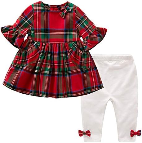 MINIFEIKO Baby Girl Christmas Outfit 2PCS Red & Green Tartan Plaid Tunic Top + Leggings Clothes Set (Red & Green Plaid, 0-6 Months)