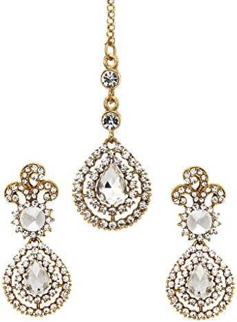 Bindhani Gold Toned Rhinestone Small Head Piece Maang Tikka With Earrings For Women
