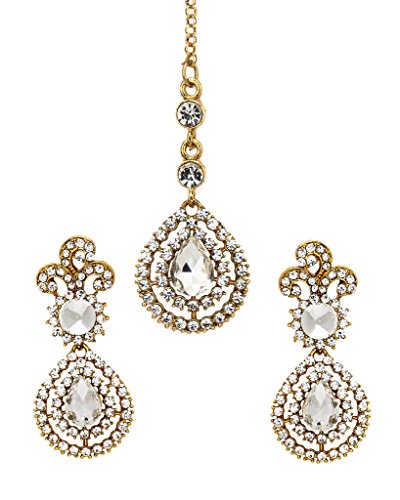 Bindhani Gold Toned Rhinestone Small Head Piece Maang Tikka With Earrings For Women #TOP10