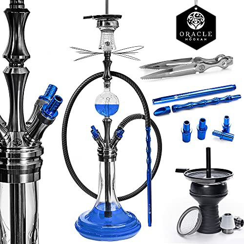 ORACLE HOOKAH® Edelstahl Shisha Set mit Zubehör - Shisha 4 Anschlüsse mit Kopf Schlauch Mundstück und Molassefänger (Blau, inkl. [3 Schläuche / 3 Mundstücke]) Cover