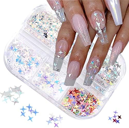 Holographic Nail Art Sequins Glitter Nail Art Supplies 3D Laser Silver Nail Sequins Star Round Powder Dust Nail Decals Design Shinning Star Nail Stickers for Women Acrylic Nails Decorations (6 Grids)