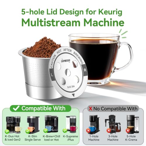 Image of CAPMESSO Reusable K Cups for Keurig: 6 Pack 5 Hole All Stainless Steel Pods | Fits K Supreme K Slim K Duo Gen2 includes scoop no plastic taste brew cups back to back before washing easy rinse /rich coffee