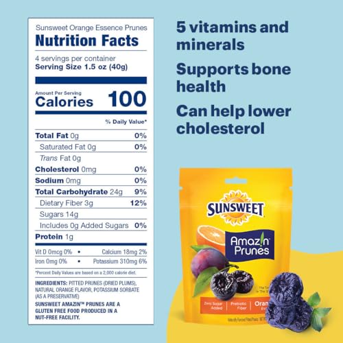 Sunsweet Amazin\' Prunes Orange Essence - Prunes Pitted Unsweetened & Dried - Gluten Free, Vegan, Low Fat - Fiber & Minerals - 6 oz pouch - 6 Pack