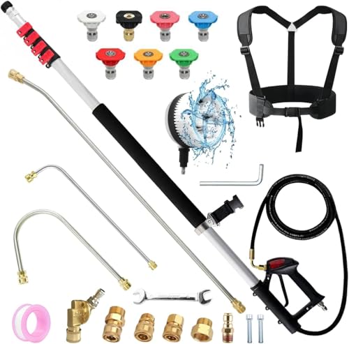 Gresonic Perche télescopique 7,7m pour Nettoyeur Haute Pression - Brosse Ronde, 3 Lances à Gouttière, 7 Buses, Raccords, Adaptateurs et Accessoires（7,7m...