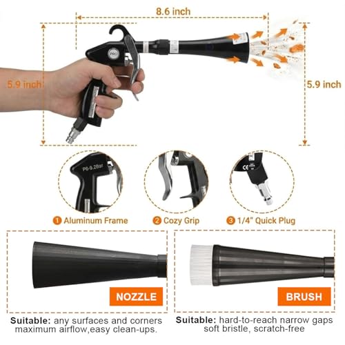Duriumon Tornado Car Cleaning Gun with 2 Set Nozzle, Air Blower Gun for Car Detailing with Brush, High Pressure Dry Cleaning Gun Quickly Blasts Dust & Dirt Works with Air Compressor — view 2