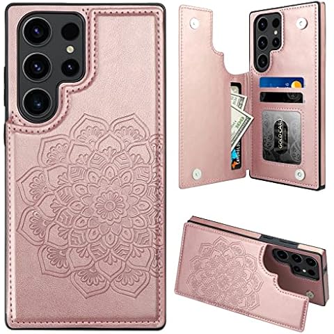 MMHUO for Samsung S23 Ultra Case With Card Holder,Flower Magnetic Back Flip Case for Samsung Galaxy S23 Ultra Wallet Case for Women,Protective Case Phone Case for Samsung Galaxy S23 Ultra 5G,Rose Gold Cover
