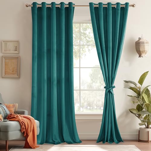 JIUZHEN Velvet Curtains 84 Inch Long–Soft Retro Velvet Blackout Thermal Insulated & Noise Reducing Grommet Curtains for Living Room/Closet,70W x 84L, 2 Panels with Tiebacks,Teal