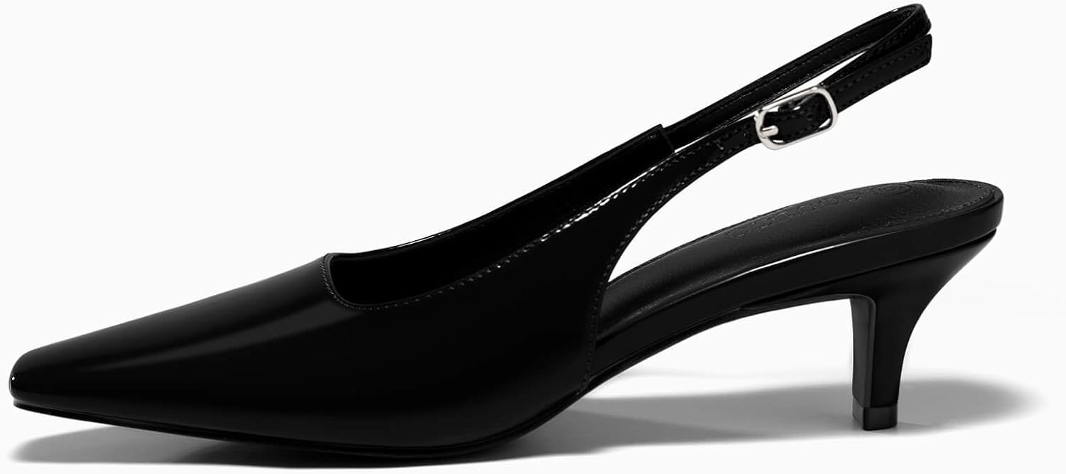Coutgo Womens Kitten Low Heels Slingback Pumps Squared Point Toe Buckle Strap Wedding Party Dress Shoes - Image 3