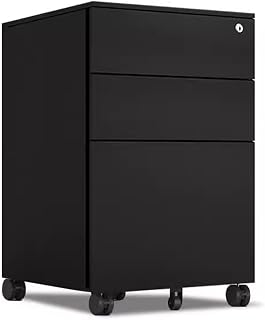 Archivador móvil con cerradura de tres cajones, de metal, debajo del escritorio, diseño de tirador lateral, color blanco/negro, baúl de almacenamiento para oficina en casa