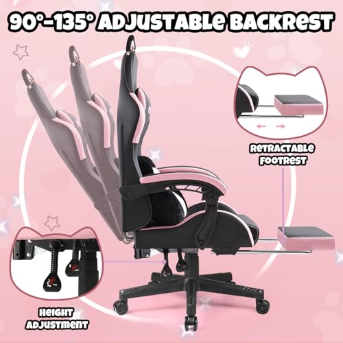 Black Gaming Chair with Cat Ears and Cat Paw Lumbar Cushion, Cute Ergonomic Gaming Computer Desk Chair with Footrest and Linked Armrests, Comfortable PU Leather Game Chair for Girls and Adults