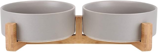 HCHLQLZ Grey Ceramic Cat Dog Bowl Dish with Wood Stand No Spill Pet Food Water Feeder Cats Small Dogs Set of 2