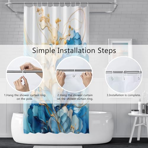 Uiiooazy Light Blue Flowers Shower Curtain for Bathroom Navy Blue White Marble Shower Curtain Set with Hooks Abstract Yellow Floral Bathtub Decor Waterproof Fabric Curtains 60x72inches by Uiiooazy - Used condition - Image 6