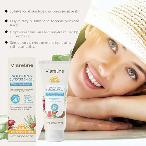 Viareline Soothing Sunscreen Gel SPF 50 PA+++ | Water-Resistant | Aloe Leaf Extract | Lightweight UV Protection | 3.53 oz