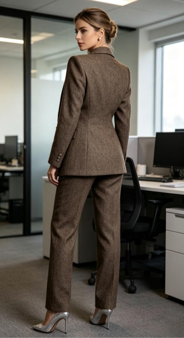 Tweed Herringbone Suit for Women Double Breasted Blazer Vest Pants Business Set