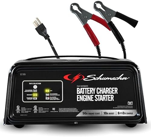 Schumacher Electric 6A Battery Charger and 50A Engine Starter, 4-in-1 Solution for 12V Batteries, Battery Maintainer, 10A Boost, SC1305, for Car, SUV, Truck, and Marine Batteries