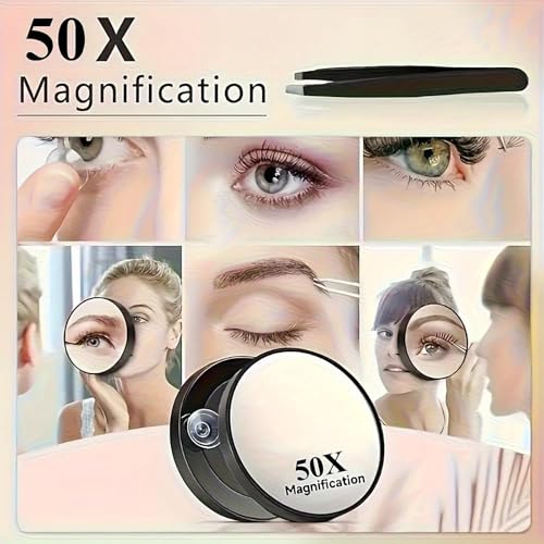 Image of 50X Magnifying Mirror, 8.8 * 8.8 * 2 CM Makeup Mirror with Precision Tweezers, Round Portable Mirror for Eyebrow Plucking, Blackhead Removal, Travel Grooming