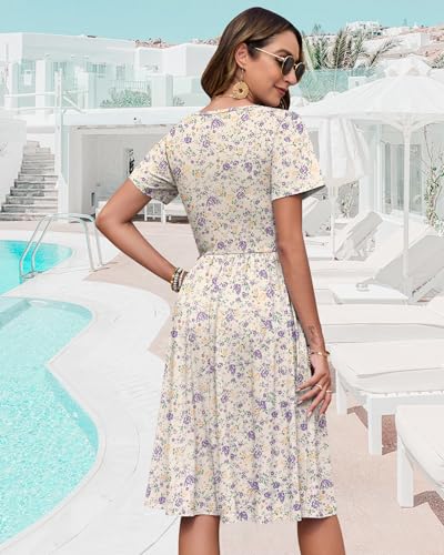 Image of WNEEDU Women V Neck Button Down Empire Waist Midi Summer Dress with Pockets