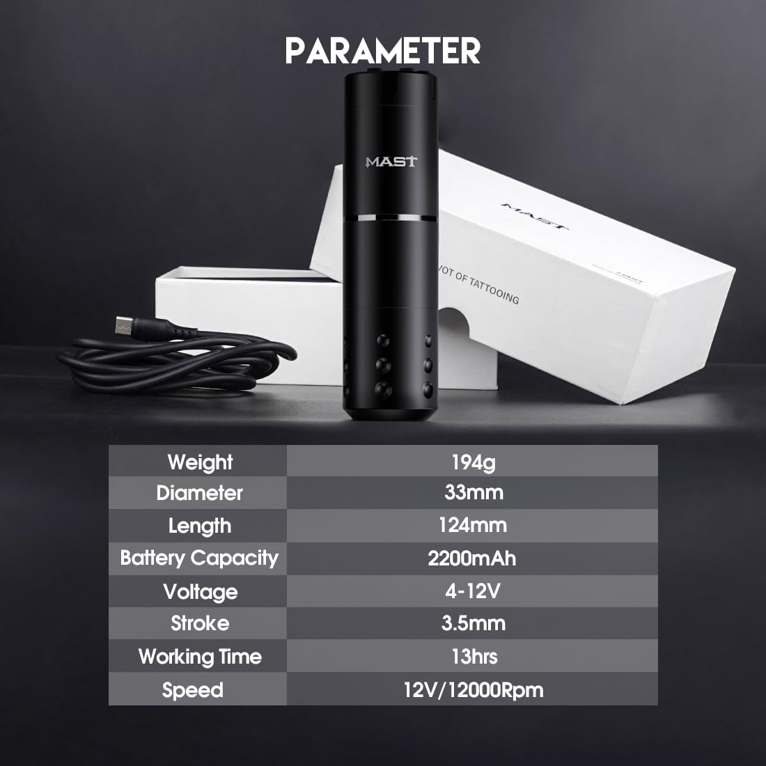 Close-up of the Mast Tattoo A1 Pro's control panel, showing the power button, voltage increase/decrease buttons, and the LED display.